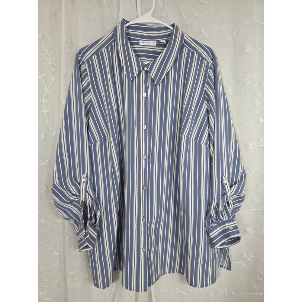 Susan Graver Blue Striped Long Sleeve Shirt 1XP Button up Sleeve